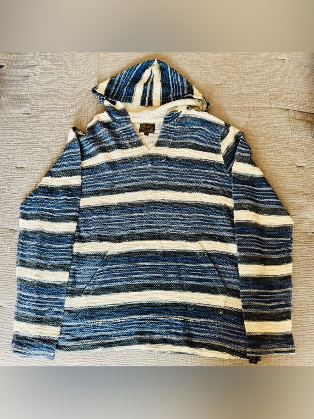 Lucky Brand Blue and White Striped V-Neck Hoodie Sweater